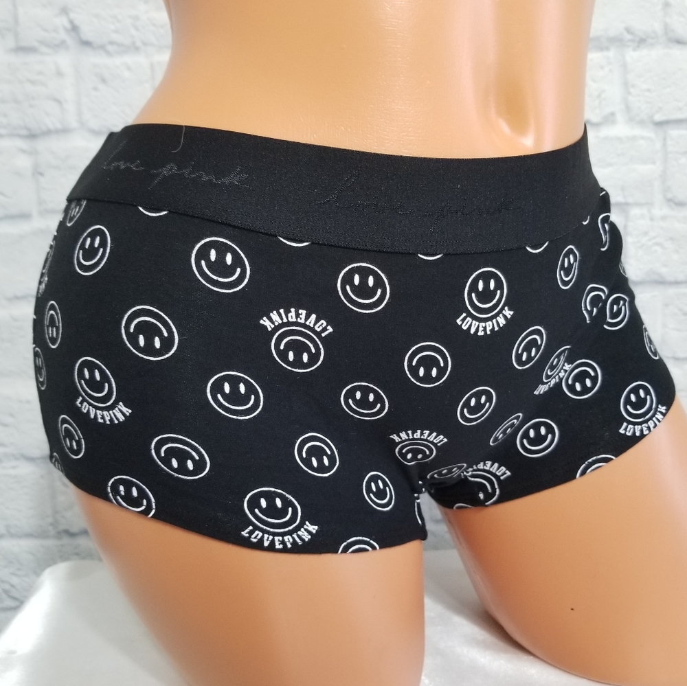 PINK Victoria's Secret Smiley Face Logo Black Shortie Panty New Large
